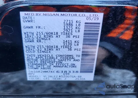 2019 Nissan Pathfinder S z USA, uszkodzony, nr VIN 5N1DR2MM7KC638338